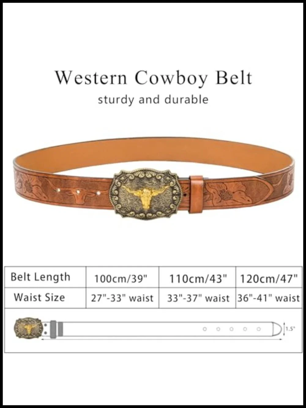 Genuine Leather Western Cowboy Belt Longhorn Buckle Floral Engraved